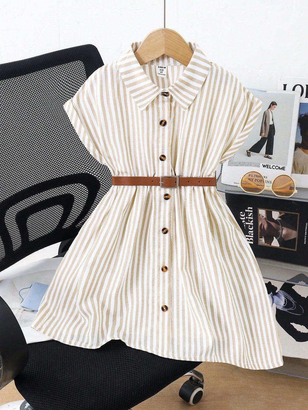 Girls' Striped Belted Shirt Dress