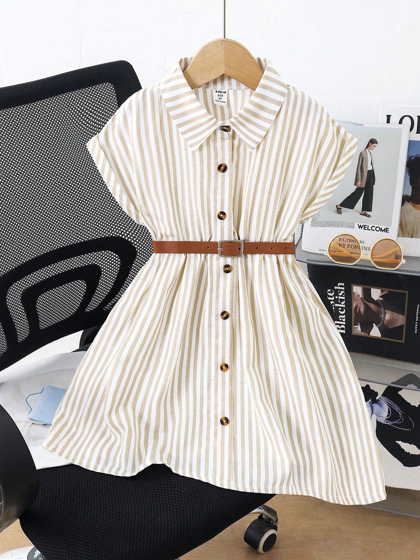 Girls' Striped Belted Shirt Dress