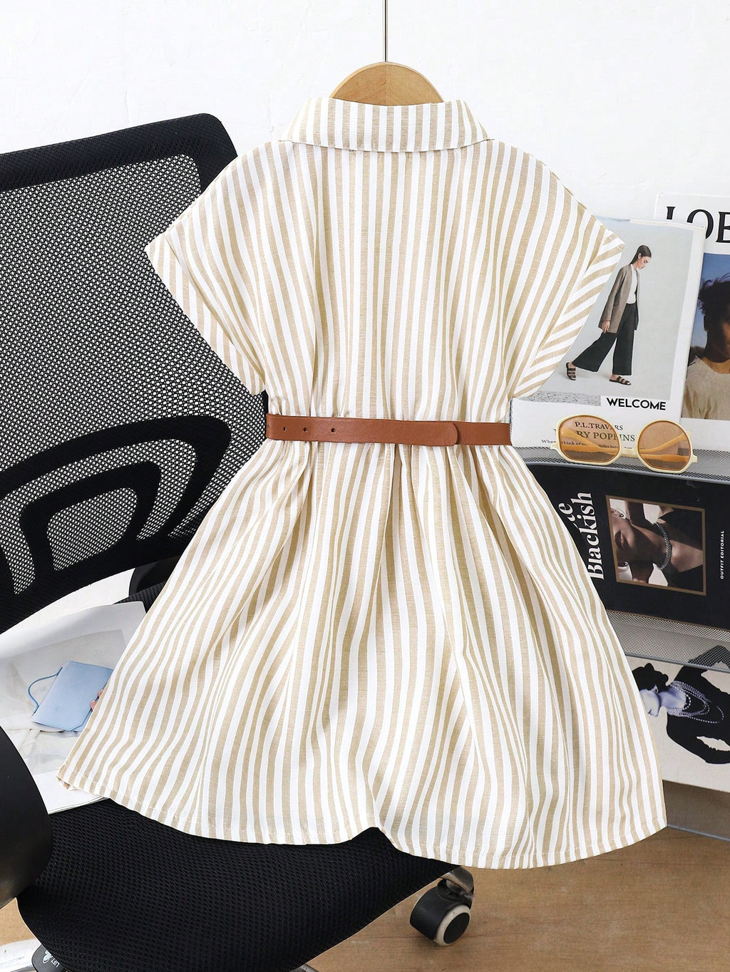 Girls' Striped Belted Shirt Dress