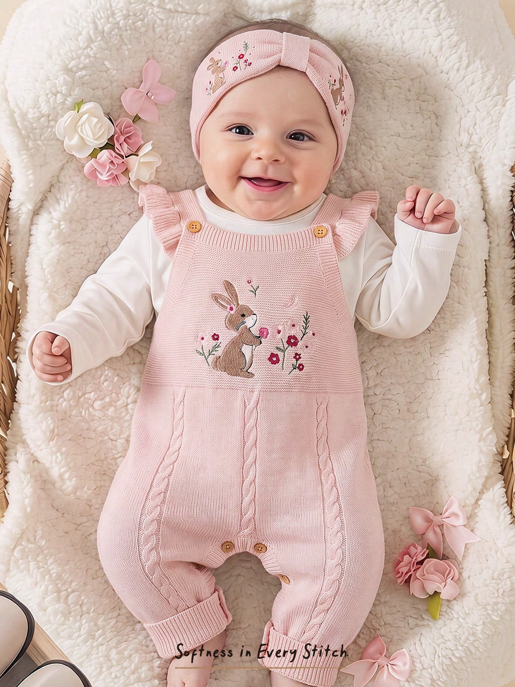 Cozy Pixies Newborn Baby Girl Knitted Rabbit Floral Romper Pink