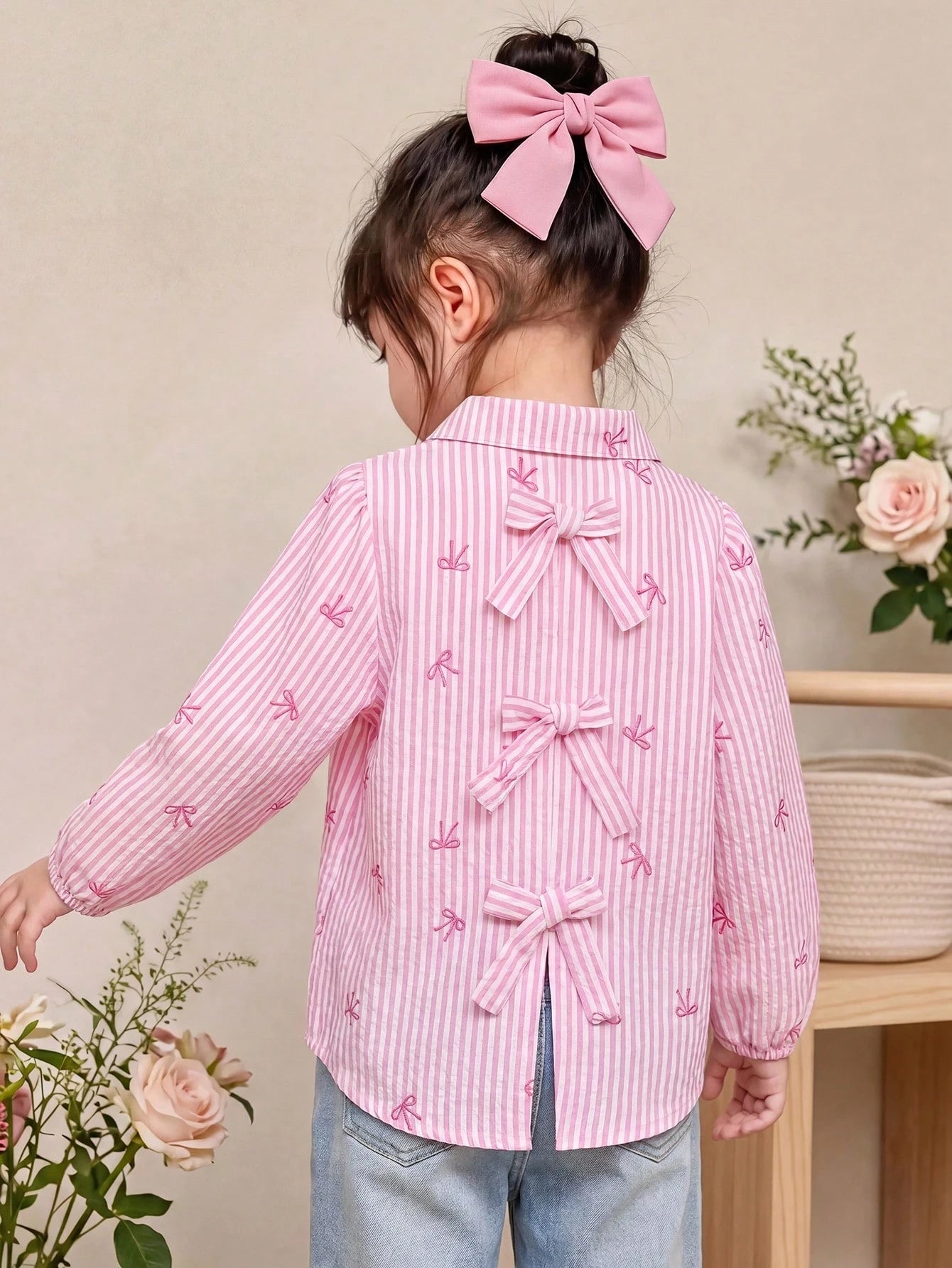 Girls' Bow Decor Lantern Sleeve Blouse