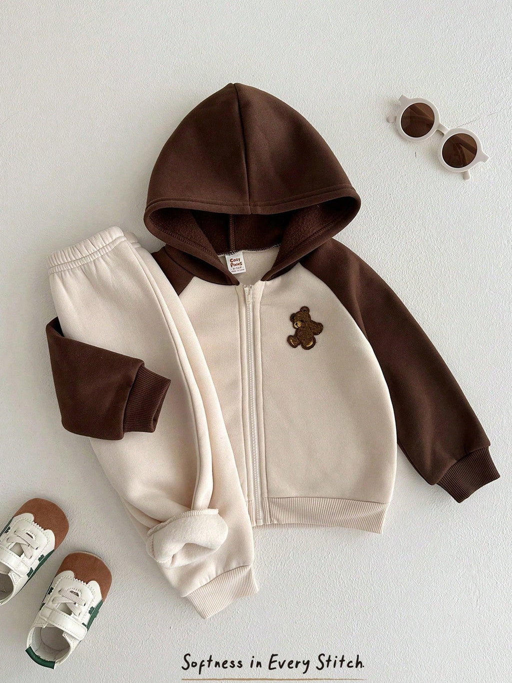 Bambinoo x Cozy Pixies Boys' Colorblock Bear Hoodie & Sweatpants Thermal Set