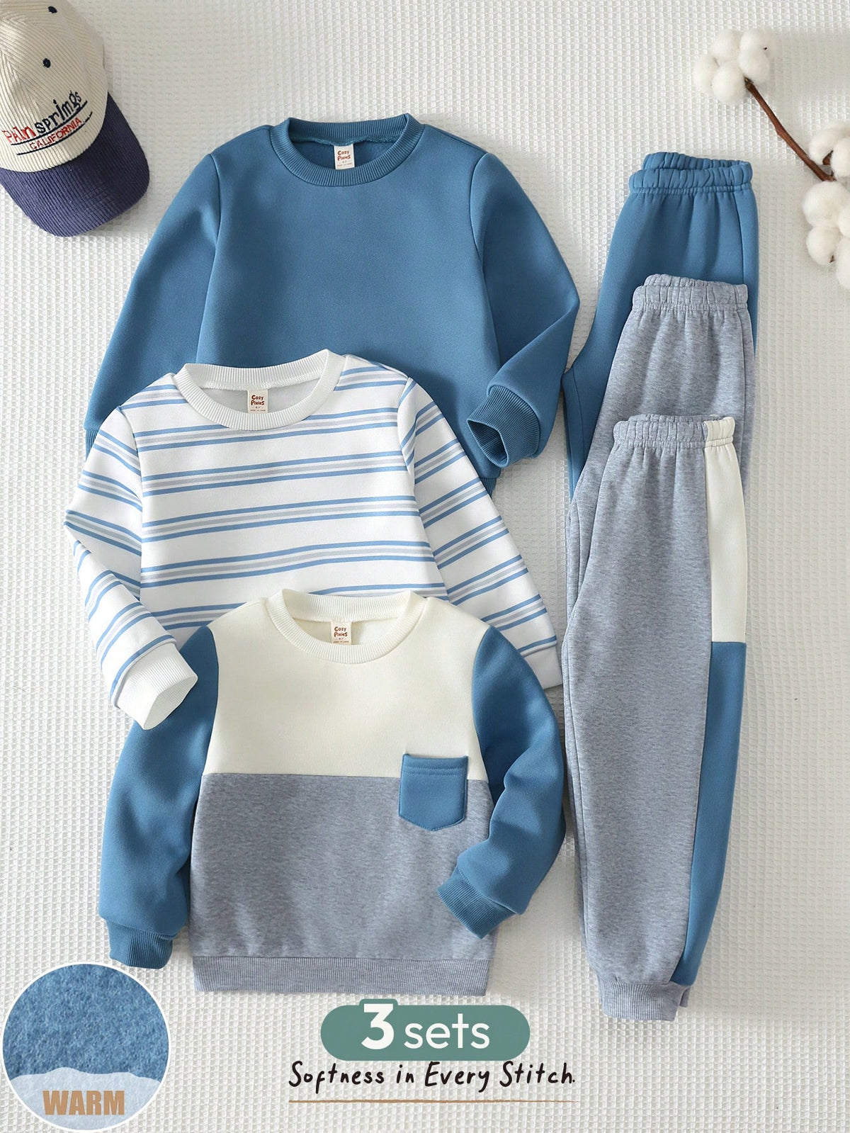 Bambinoo x Cozy Pixies Boys' Crew Neck Sweatshirt & Pants Outfits (6-Piece Set)