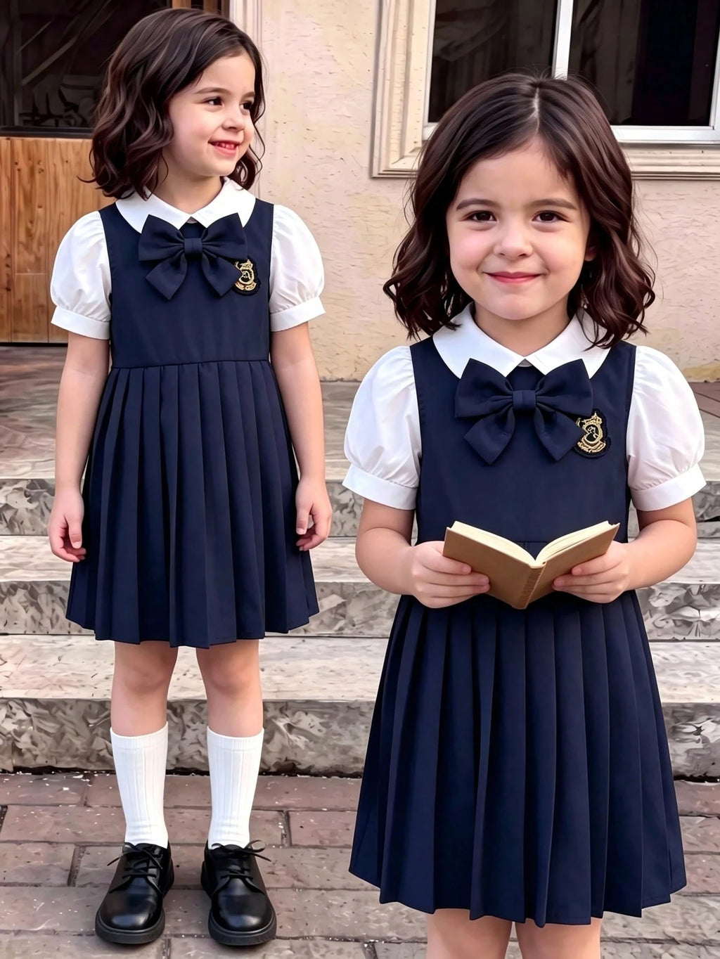 Robe Fille Preppy Col Contrasté Nœud Badge