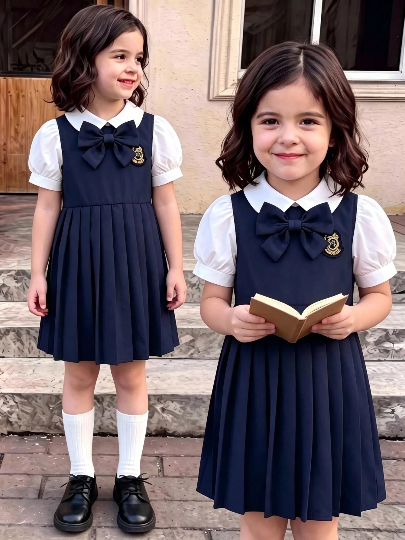 Robe Fille Preppy Col Contrasté Nœud Badge