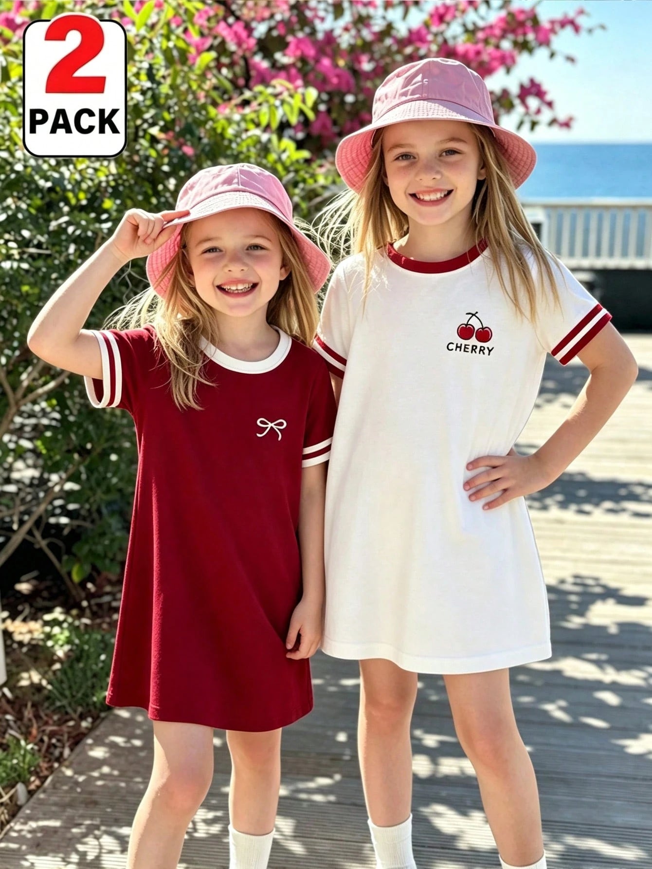 Robe Princesse Fille Contraste Cerise & Blanc Nœud
