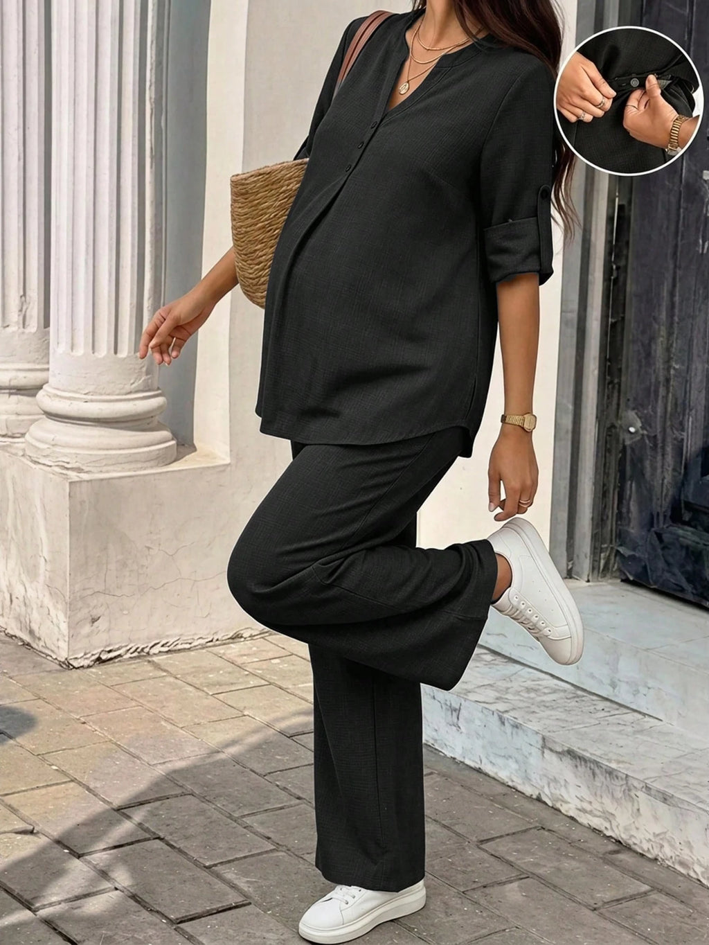 Maternity Rolled Sleeve Shirt & Adjustable Pants Set Black