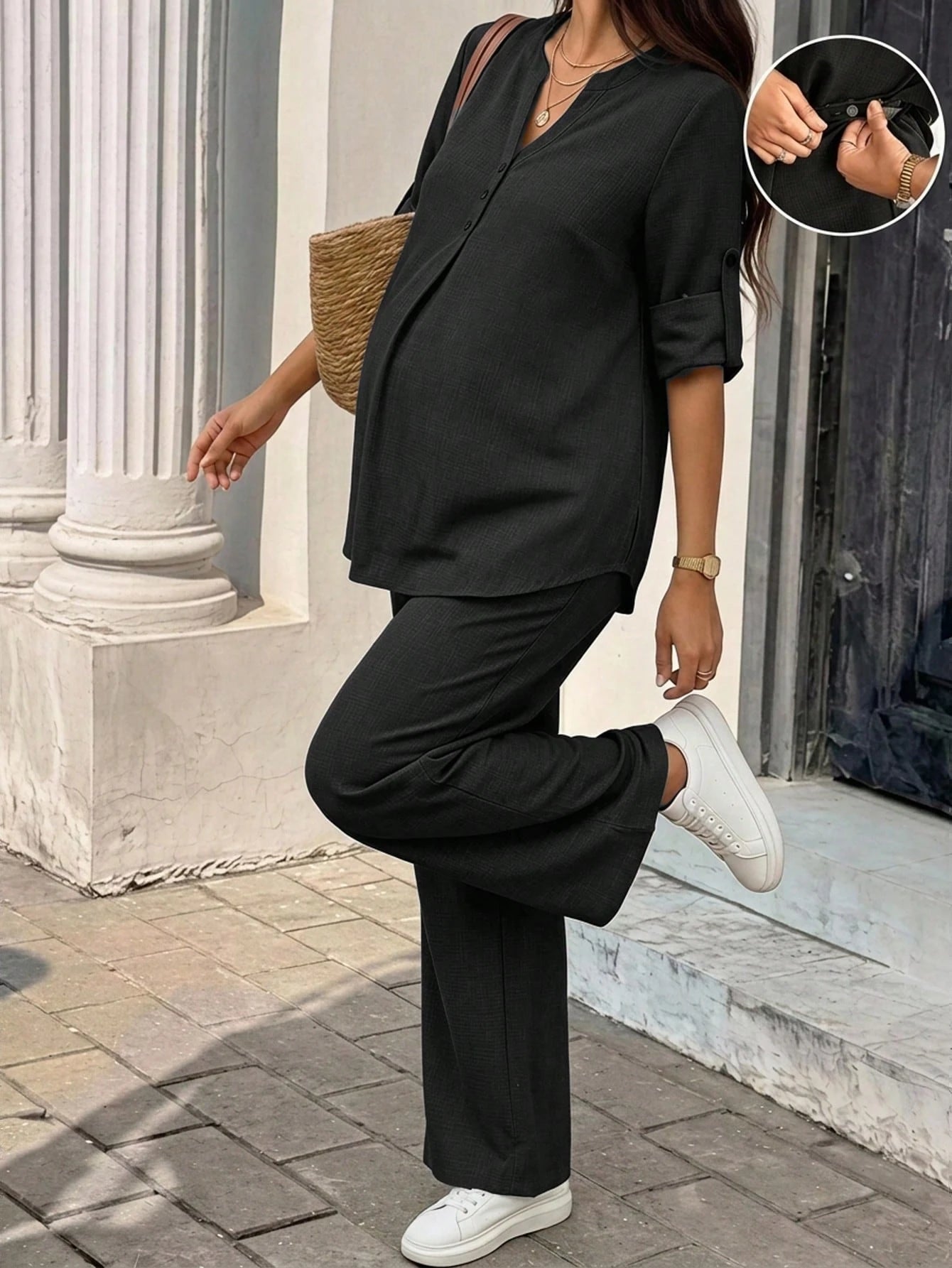 Maternity Rolled Sleeve Shirt & Adjustable Pants Set Black