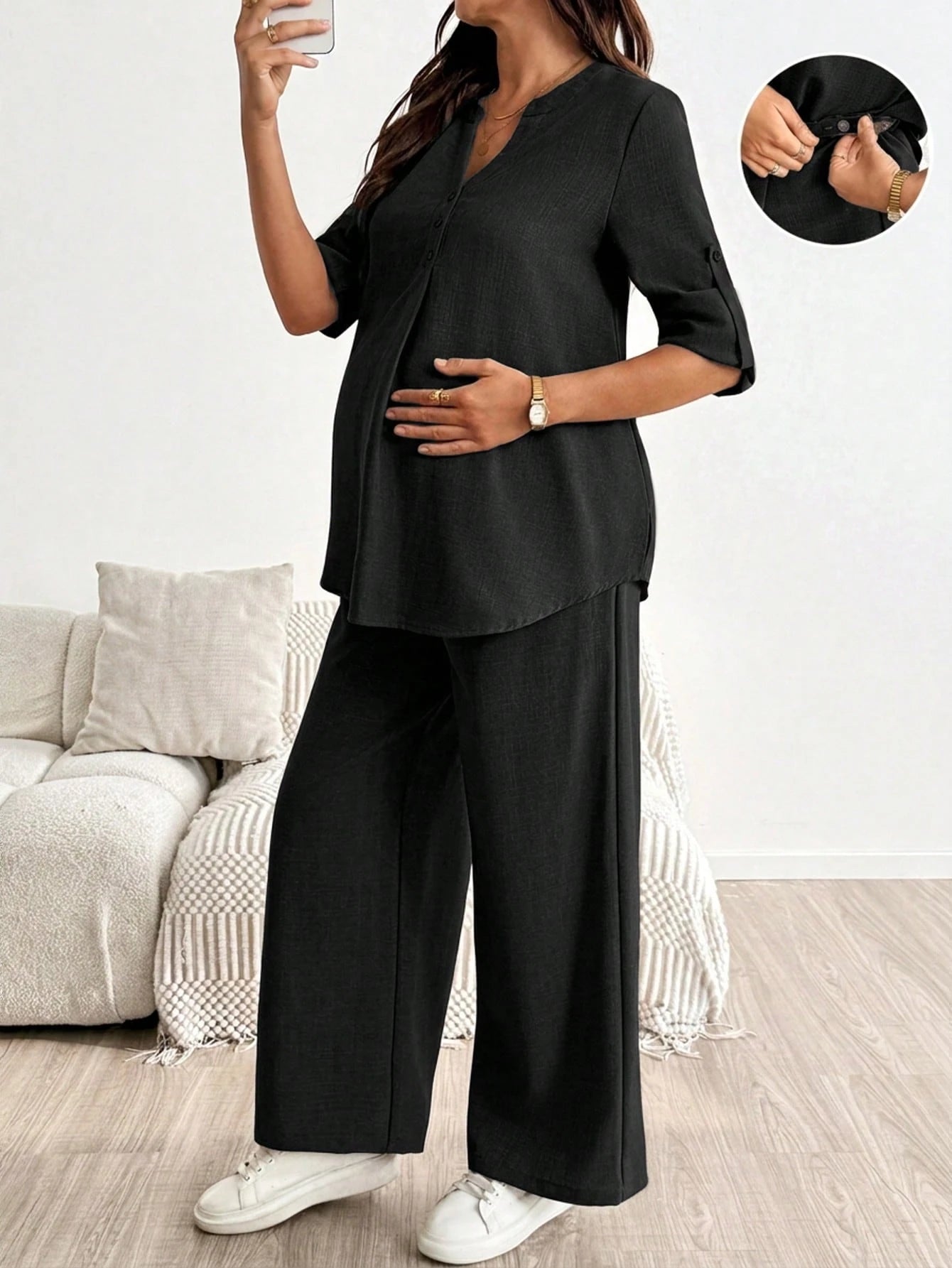 Maternity Rolled Sleeve Shirt & Adjustable Pants Set Black