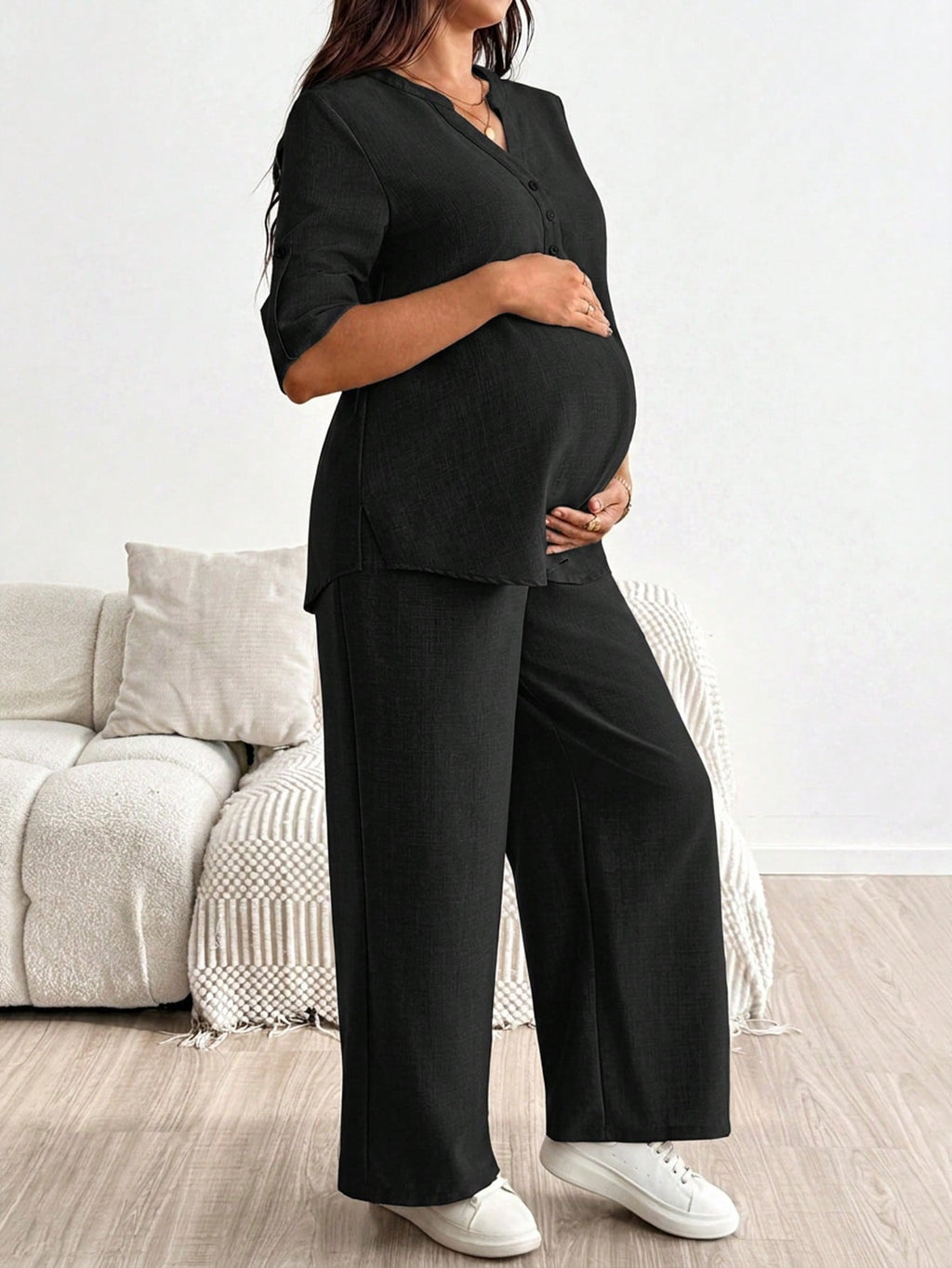 Maternity Rolled Sleeve Shirt & Adjustable Pants Set Black