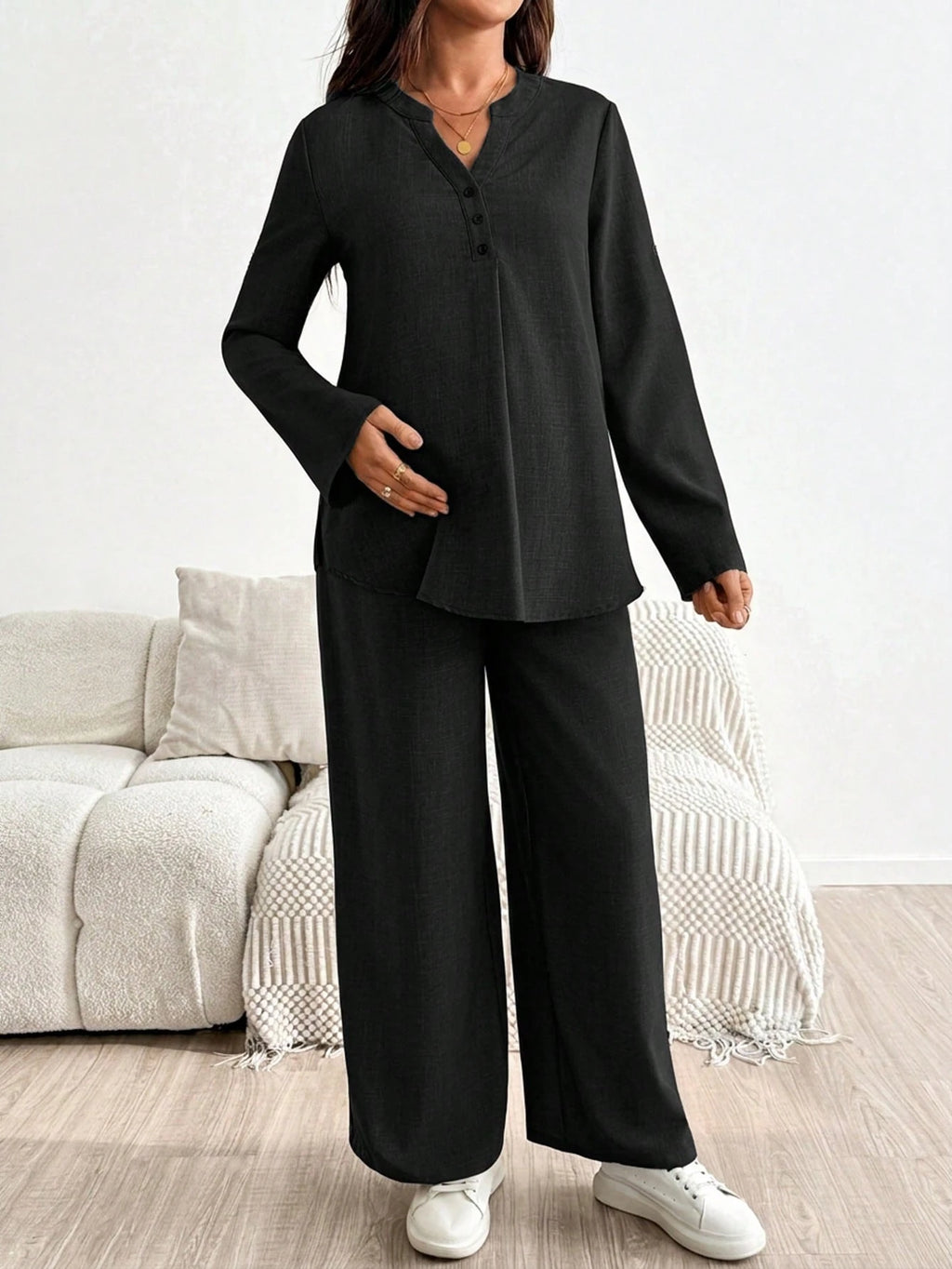 Maternity Rolled Sleeve Shirt & Adjustable Pants Set Black