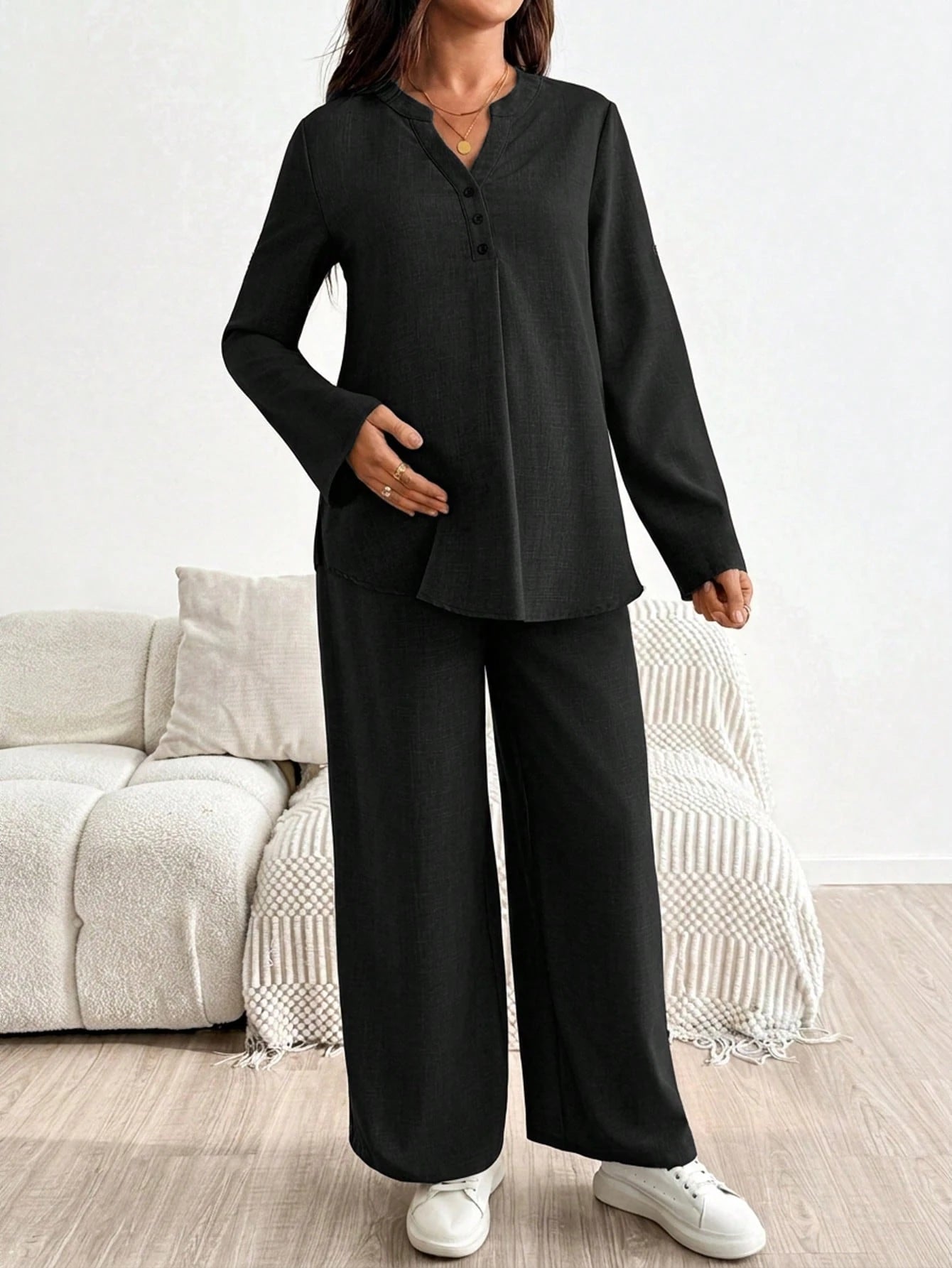 Maternity Rolled Sleeve Shirt & Adjustable Pants Set Black