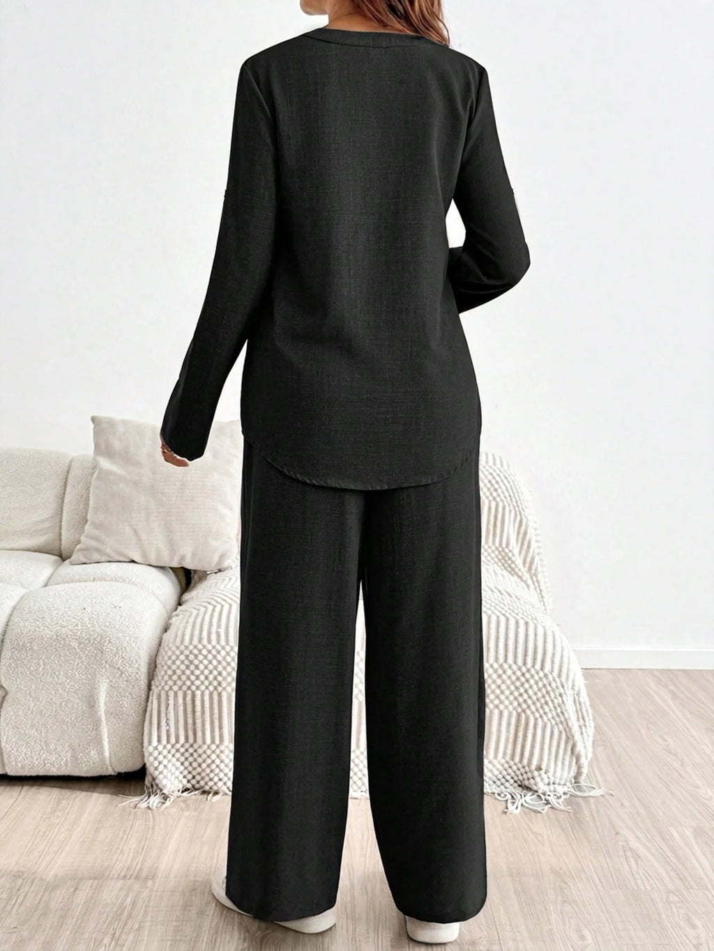 Maternity Rolled Sleeve Shirt & Adjustable Pants Set Black