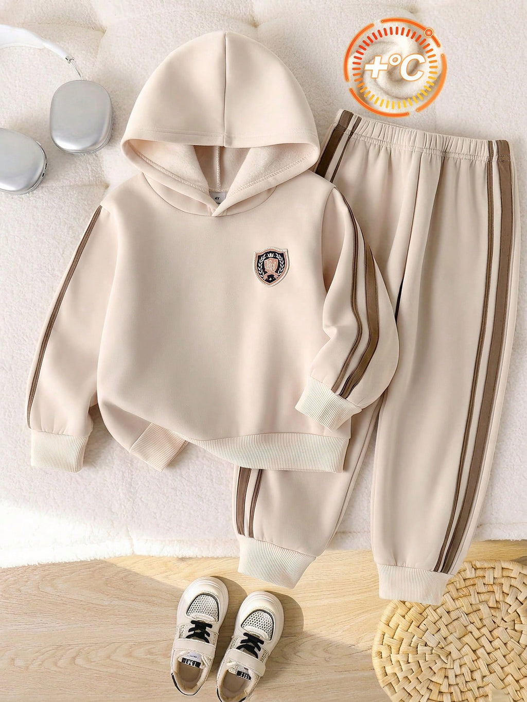 Bambinoo x Playful Pals Boys' Striped Hoodie & Pants Set Apricot