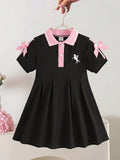 Robe Fille Colorblock Rose Noir Nœud 3D