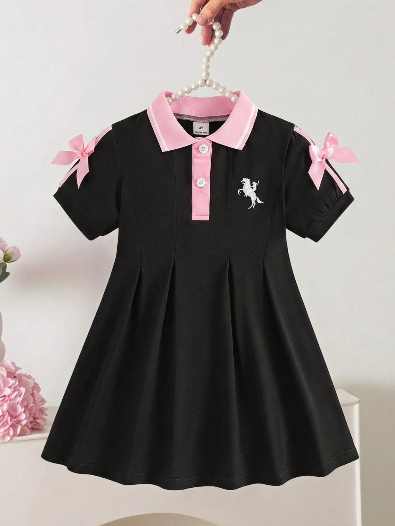 Robe Fille Colorblock Rose Noir Nœud 3D
