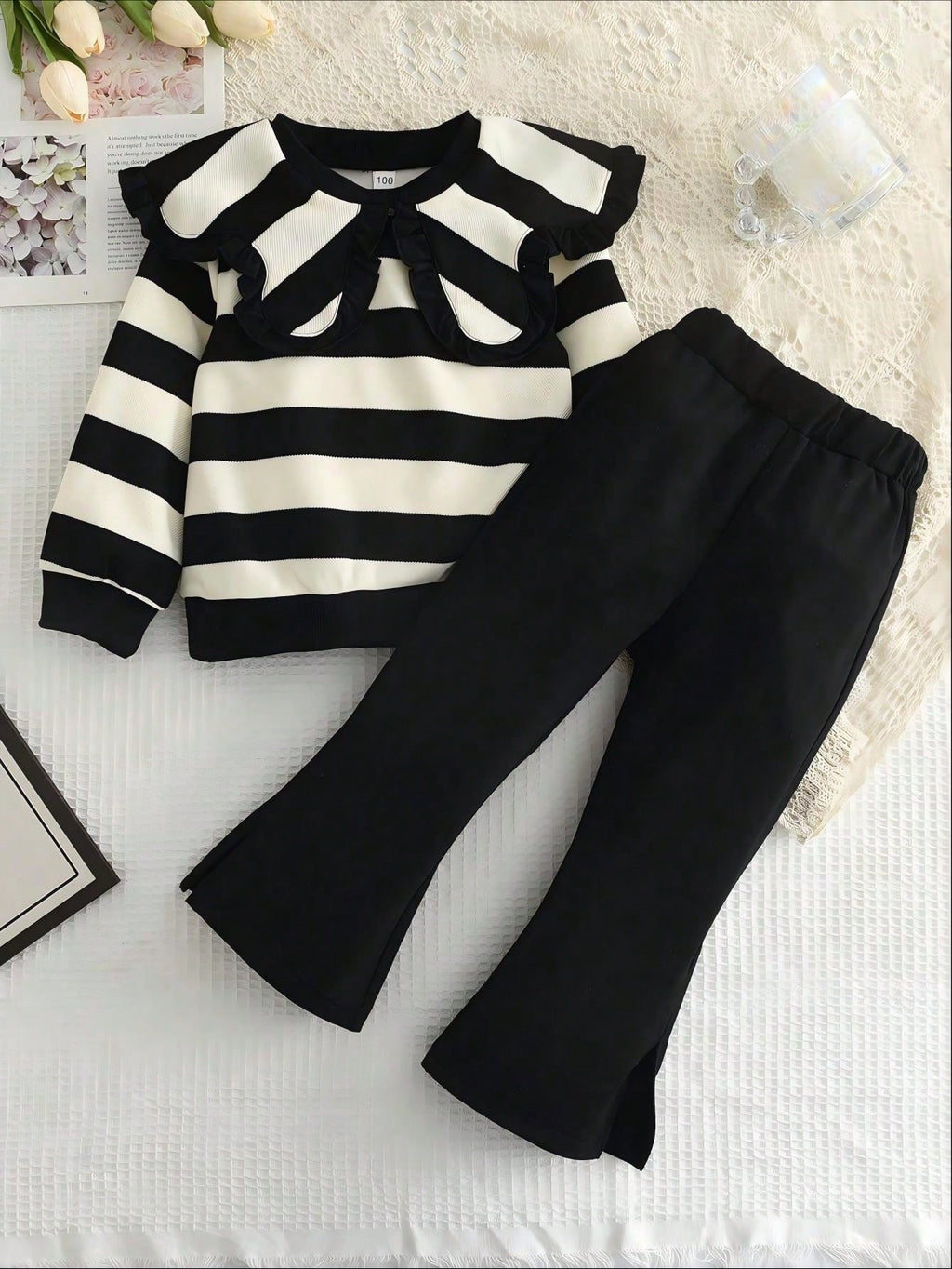 Young Girl Striped Oversized Collar Top Flared Pants 2 Piece Set