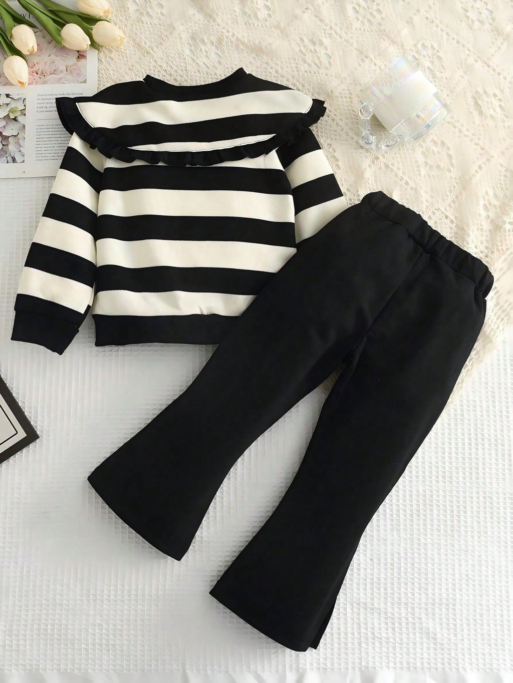 Young Girl Striped Oversized Collar Top Flared Pants 2 Piece Set