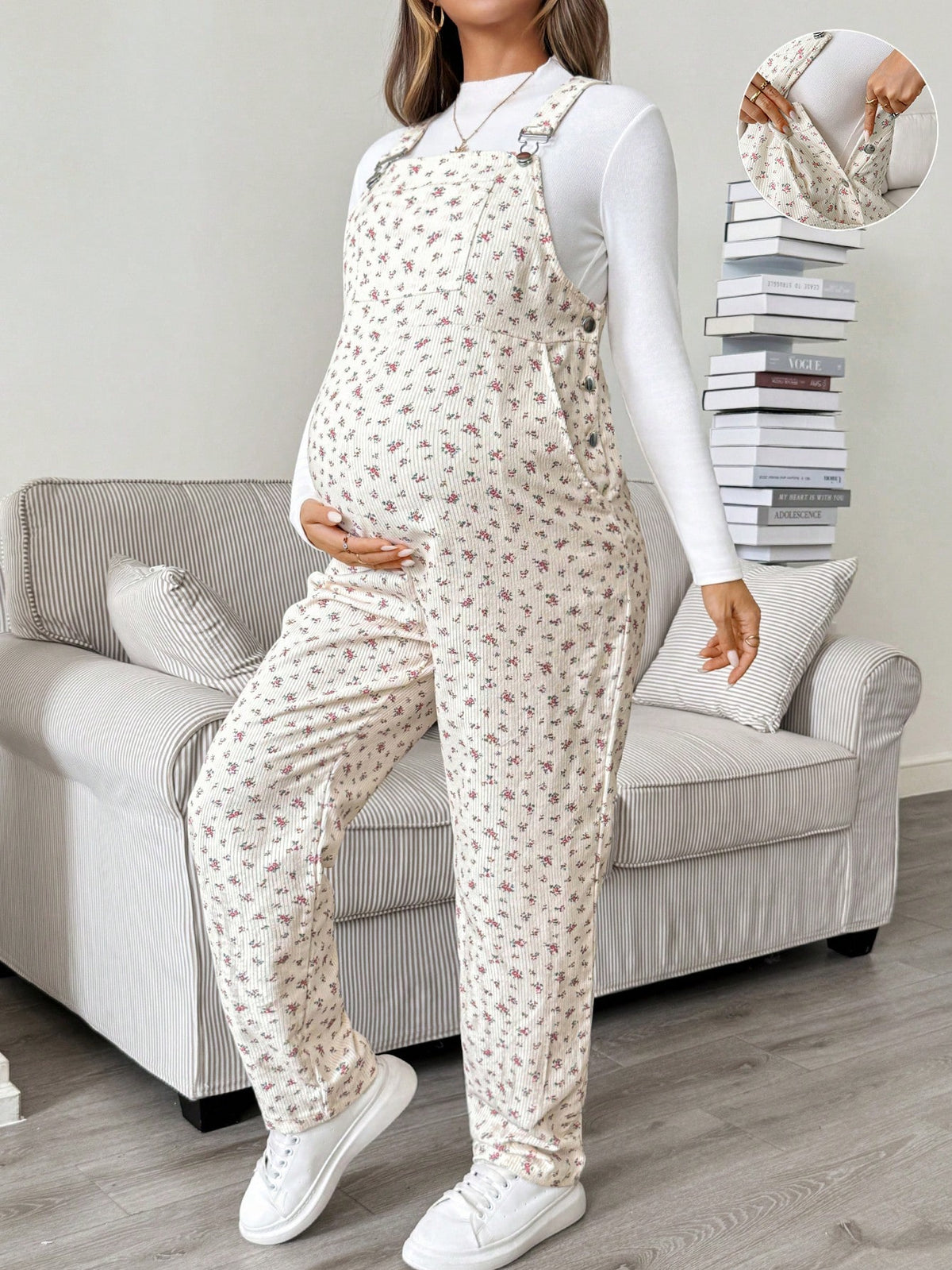 Maternity White Apricot Ditsy Floral Overall Jumpsuit
