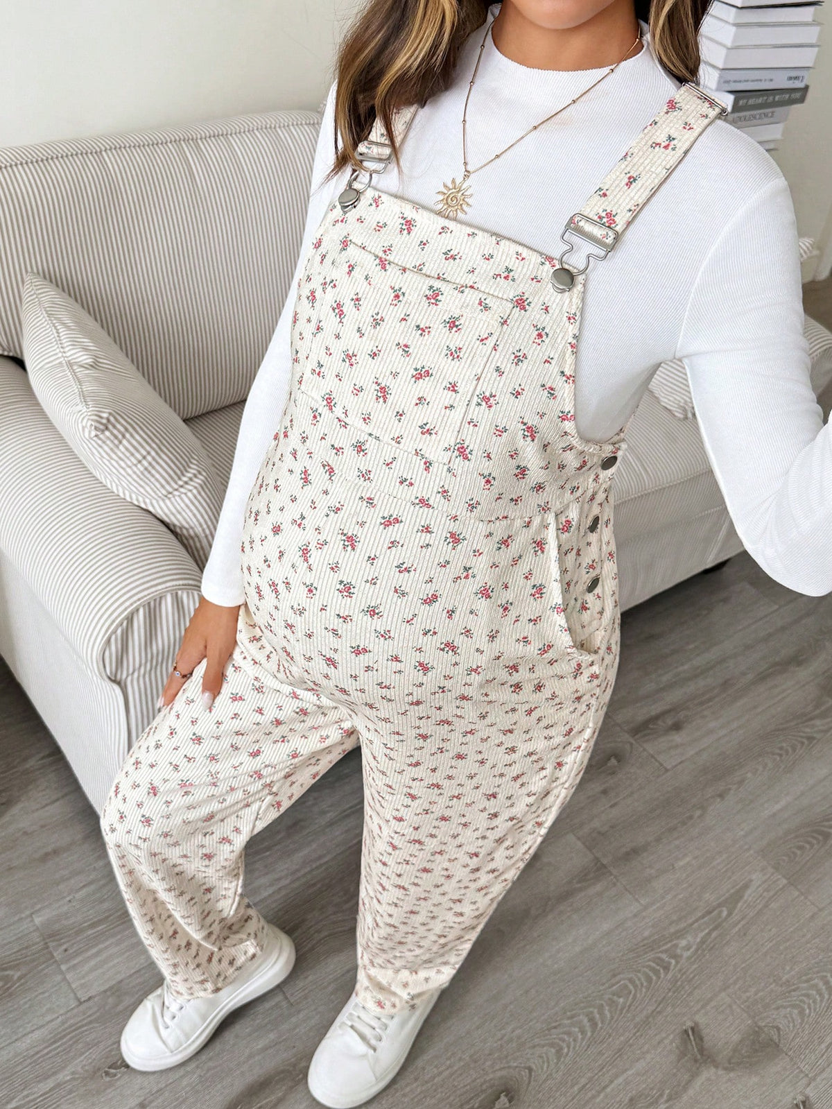 Maternity White Apricot Ditsy Floral Overall Jumpsuit