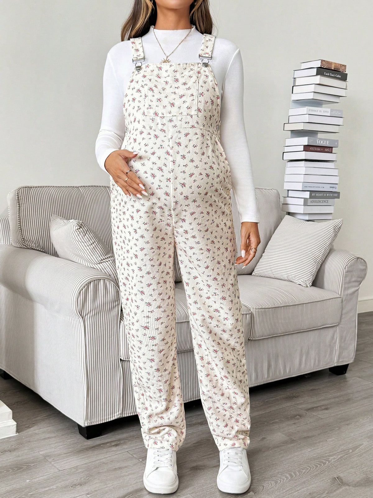 Maternity White Apricot Ditsy Floral Overall Jumpsuit