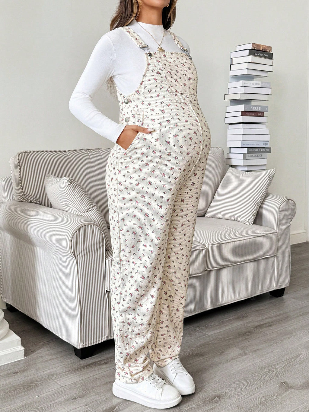 Maternity White Apricot Ditsy Floral Overall Jumpsuit