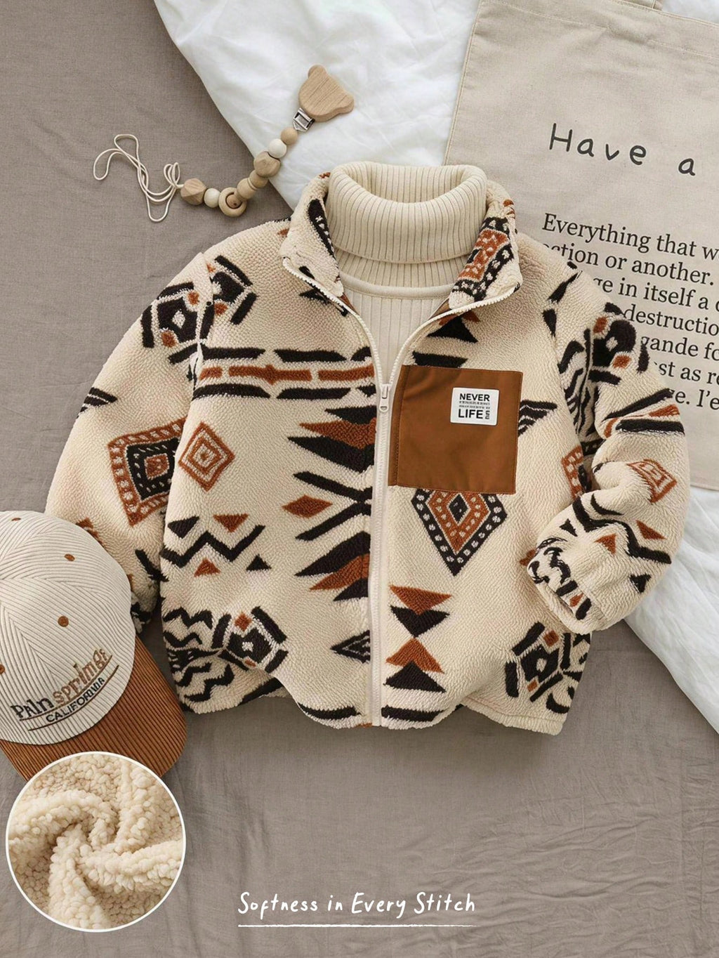 Blouson d'hiver Bambinoo x Cozy Pixies pour garçon, doublure thermique, motif cachemire