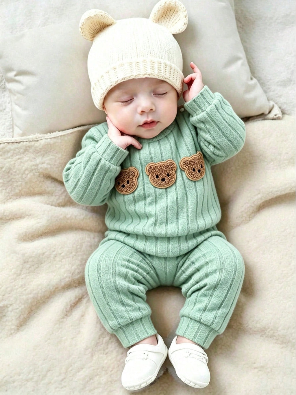 Newborn Baby Green Bear Embroidered Sweatshirt Set Green