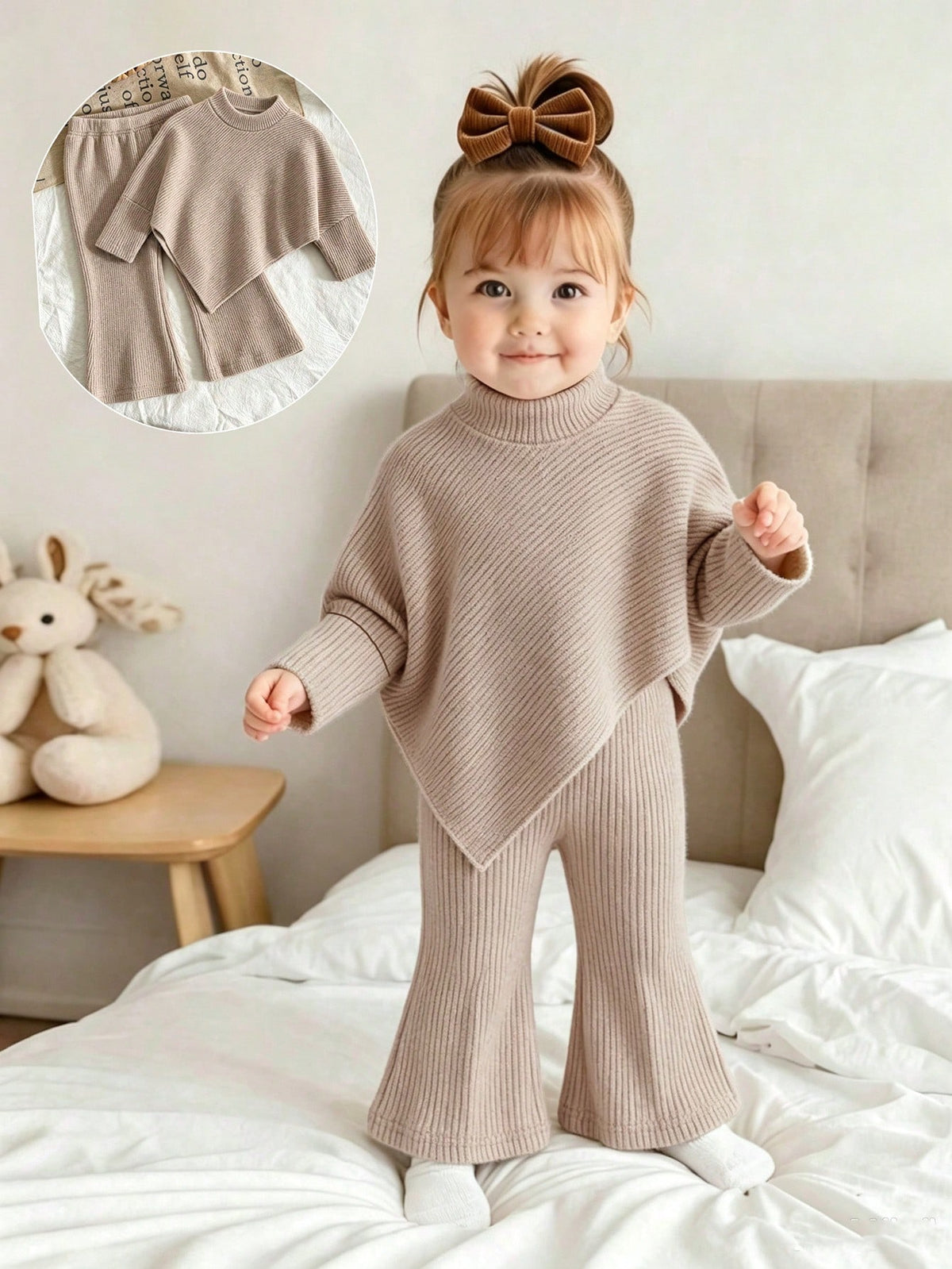 Playful Pals Infant Girl Khaki Ribbed Flared Set Khaki