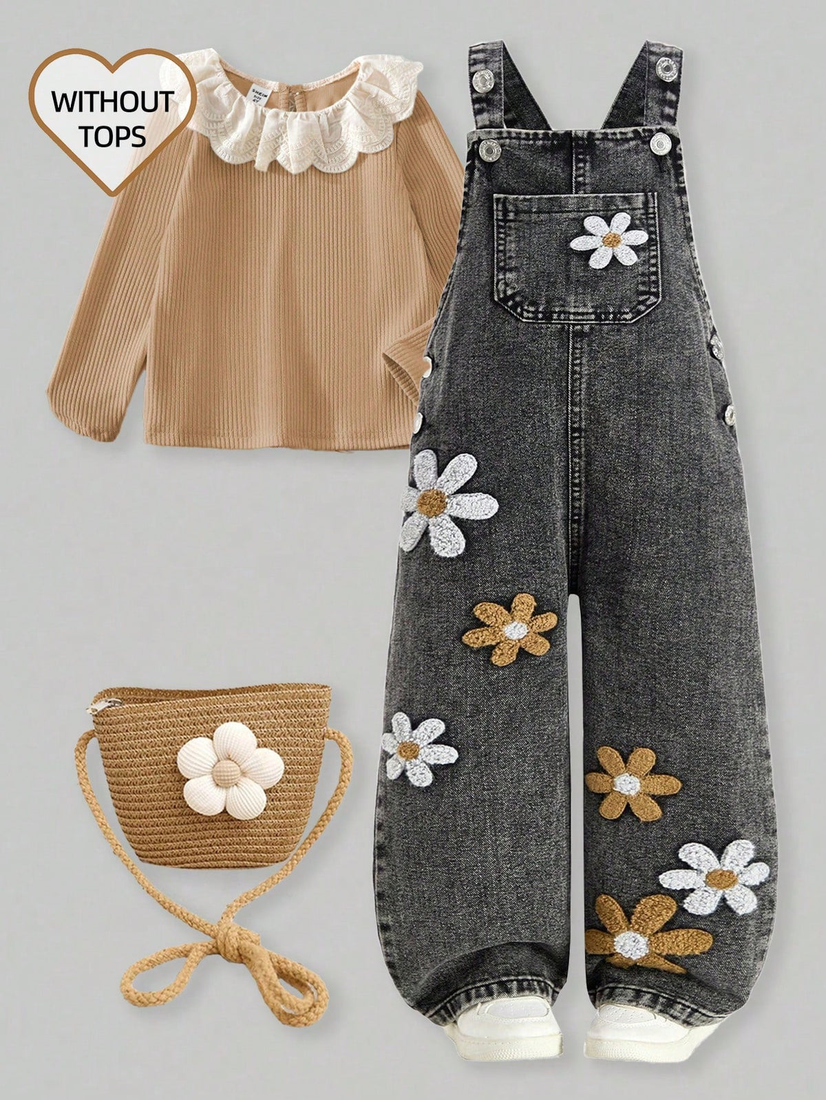 Young Girl 3D Floral Decor Denim Bib Overalls