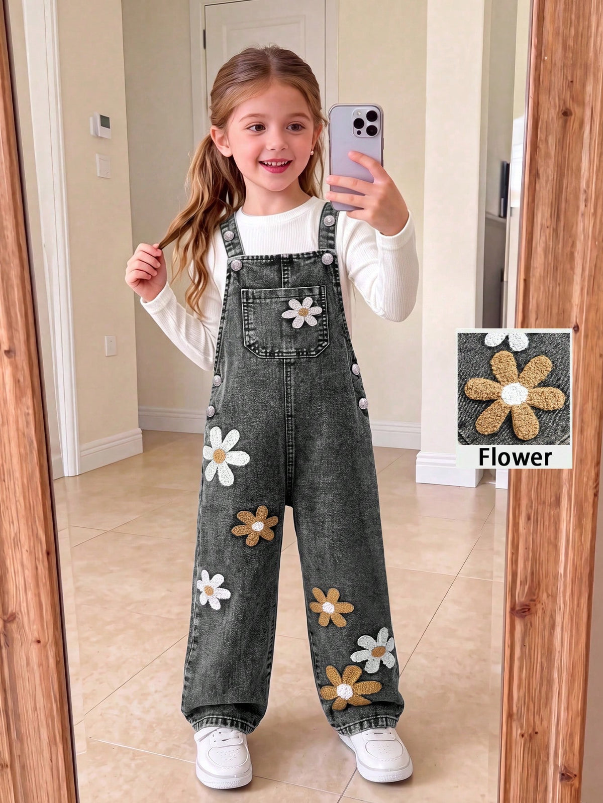 Young Girl 3D Floral Decor Denim Bib Overalls