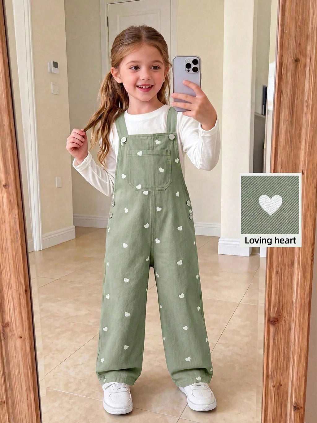 Young Girl Heart Print Cotton Bib Overalls Mint Green