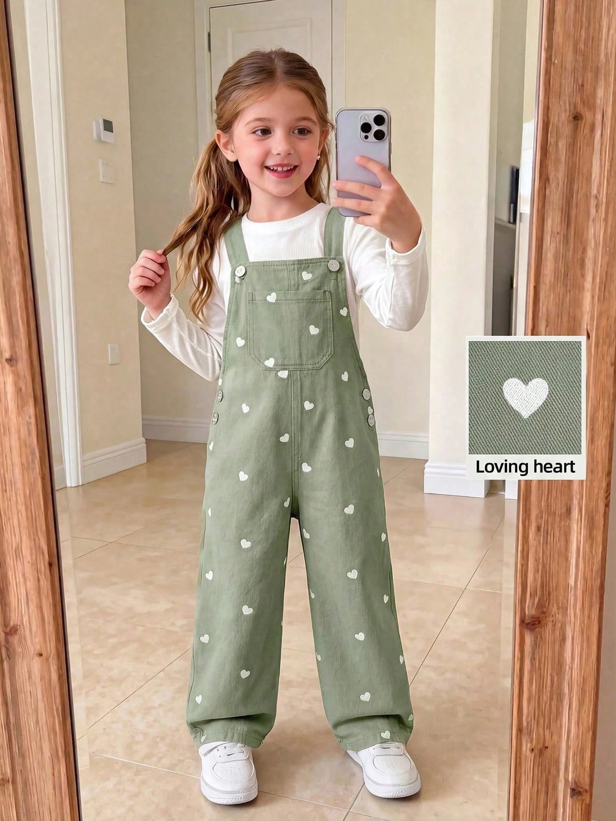 Young Girl Heart Print Cotton Bib Overalls Mint Green