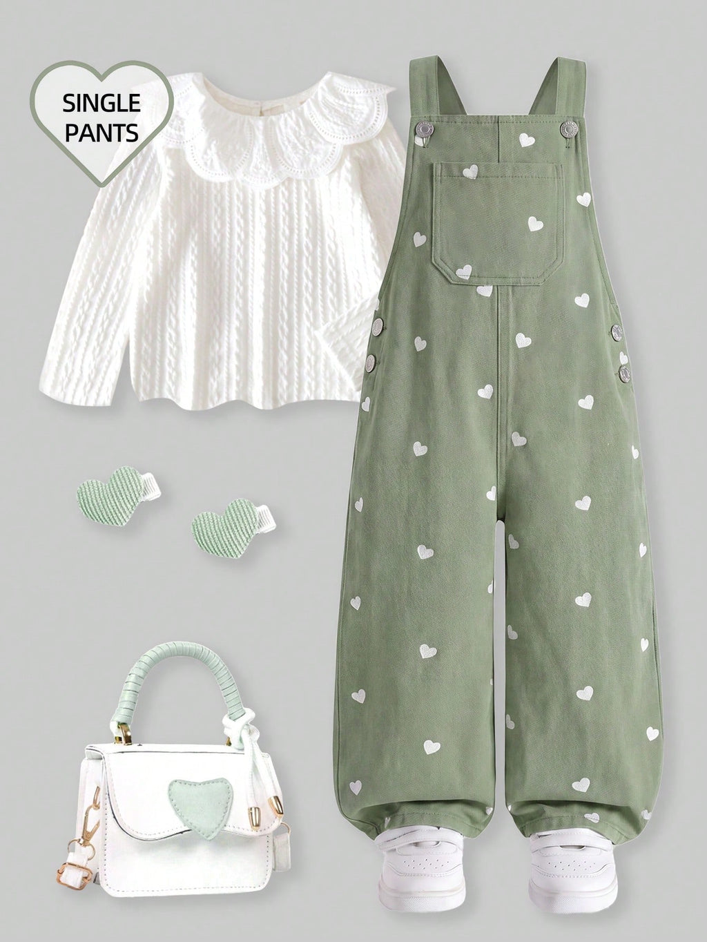 Young Girl Heart Print Cotton Bib Overalls Mint Green
