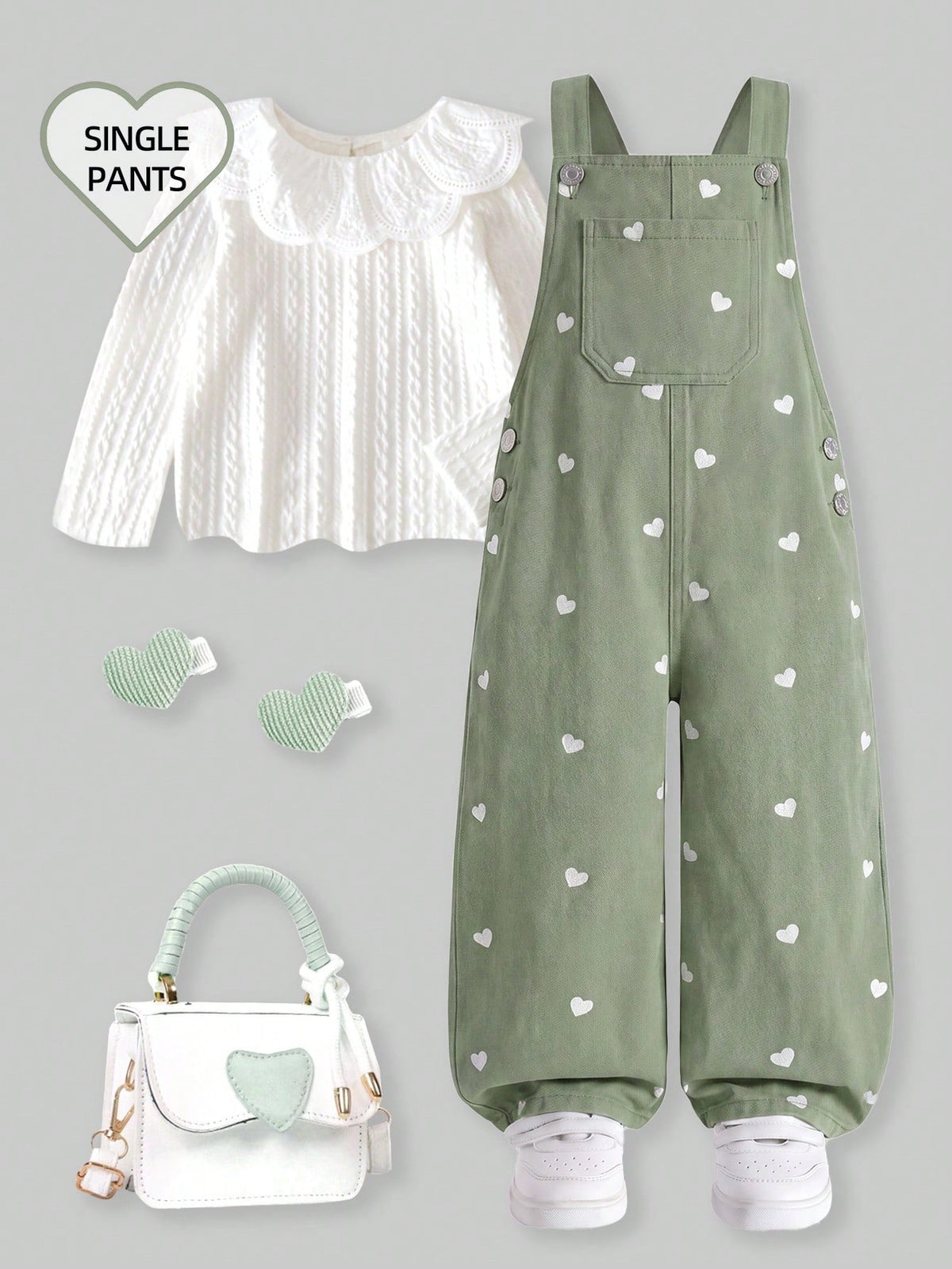 Salopette courte en coton à motif cœurs pour fille, vert menthe