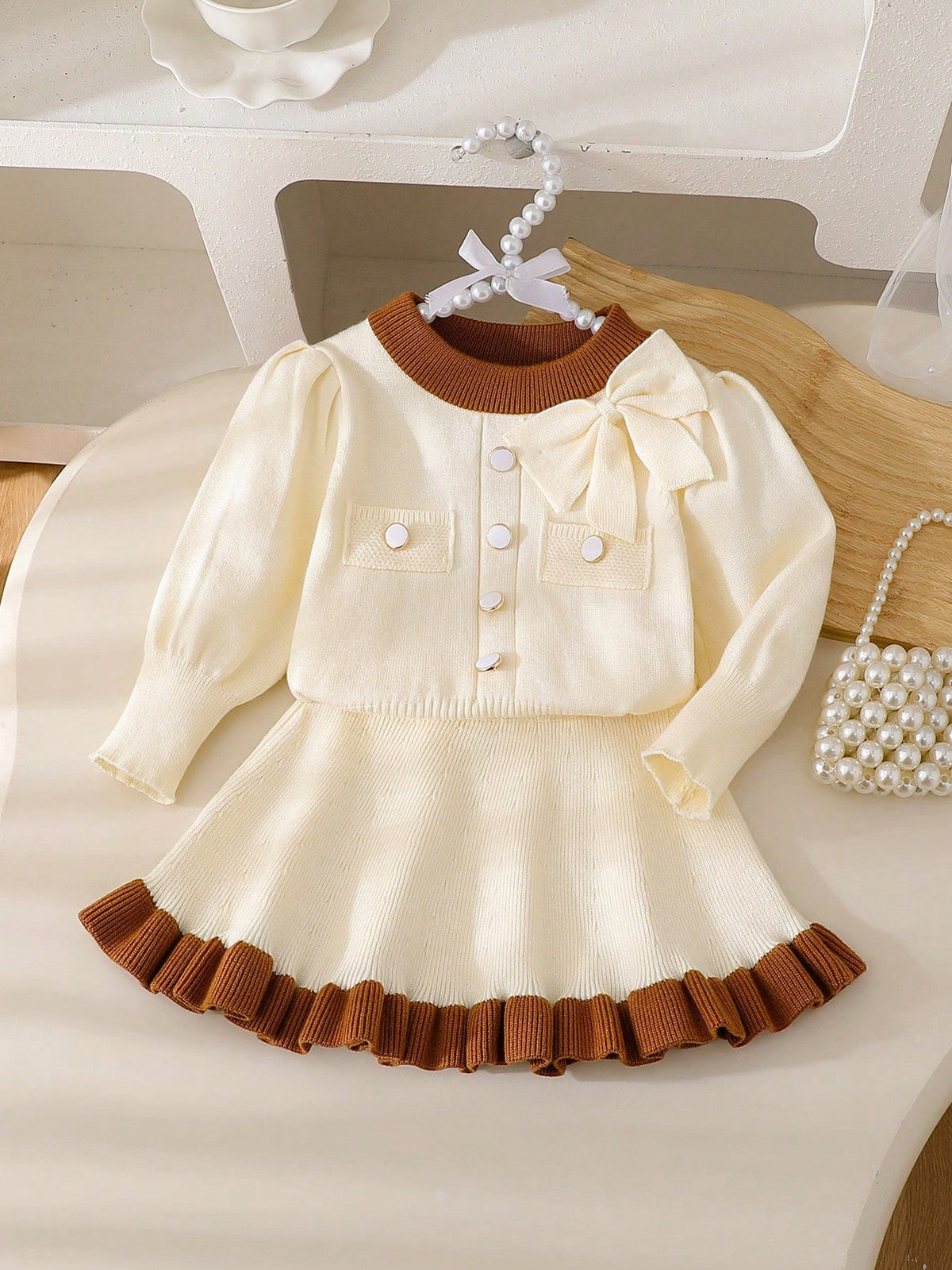 Baby Girls' Brown Striped Bow & Ruffle Sweater & Skirt Set