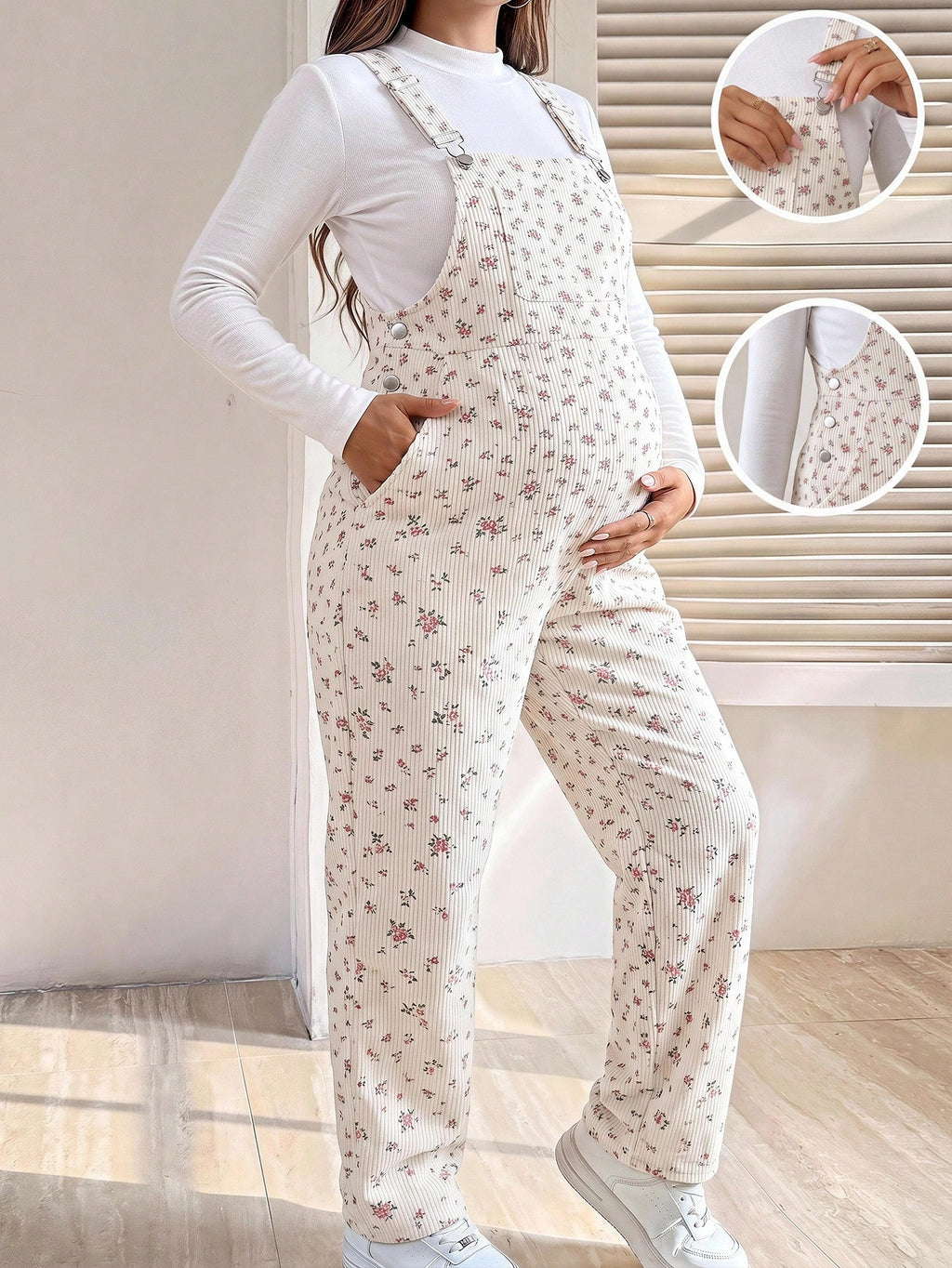 Maternity White Apricot Ditsy Floral Overall Jumpsuit