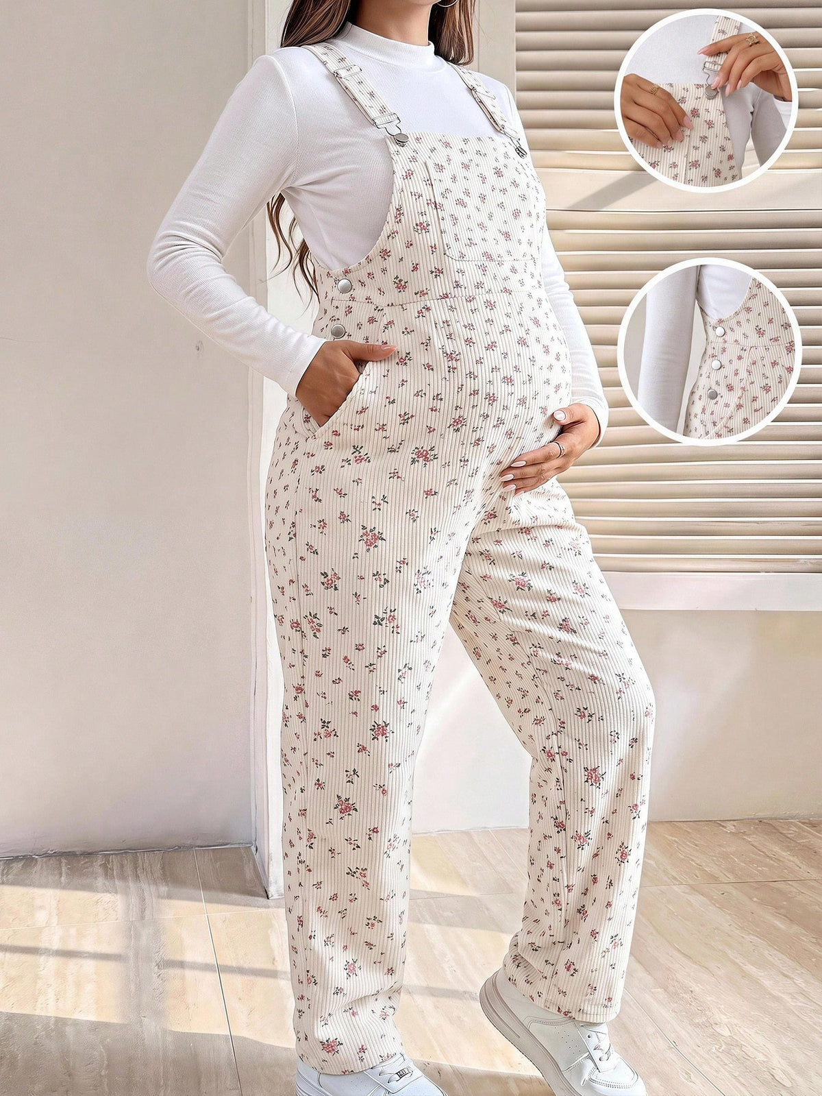 Maternity White Apricot Ditsy Floral Overall Jumpsuit