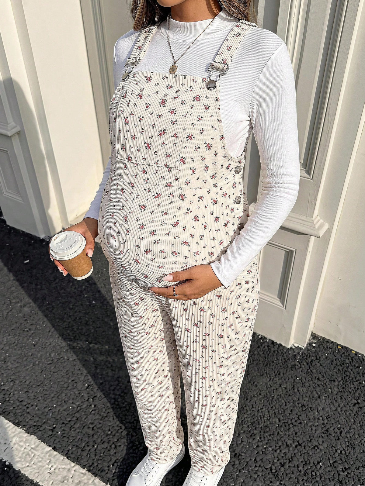 Maternity White Apricot Ditsy Floral Overall Jumpsuit
