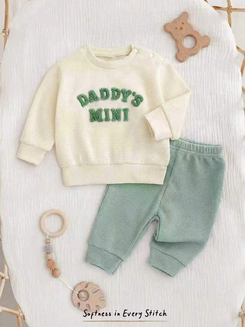 Ensemble brodé vert menthe « Mini Papa » Cozy Pixies pour nouveau-né