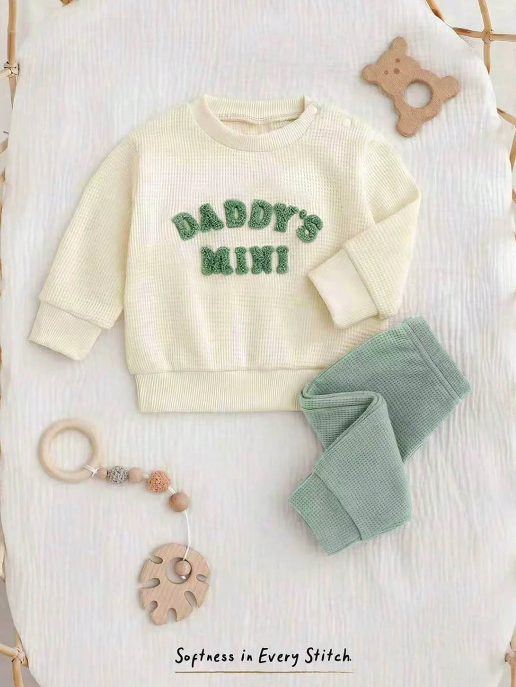 Ensemble brodé vert menthe « Mini Papa » Cozy Pixies pour nouveau-né