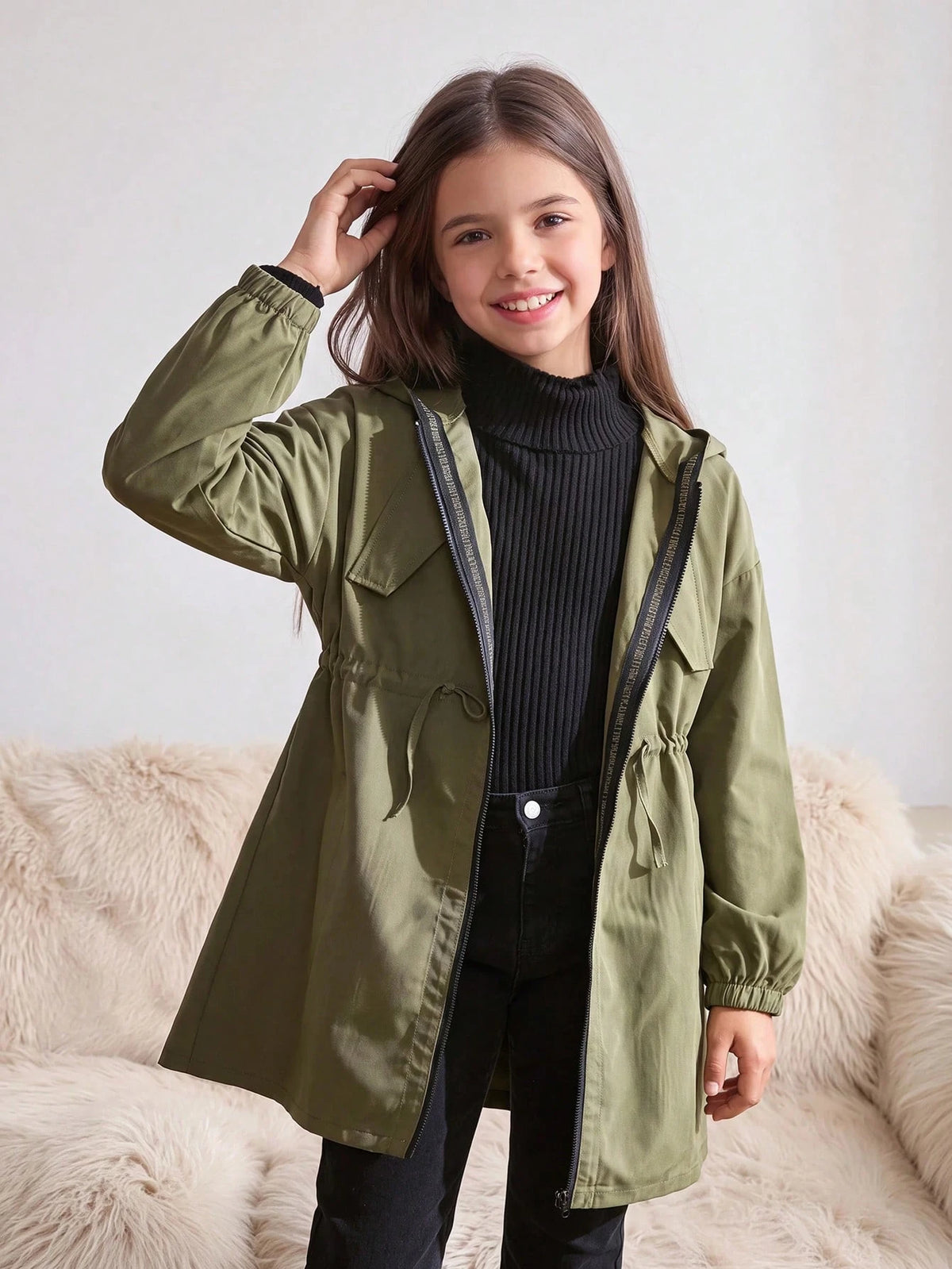 Young Girl Letter Tape Pocket Hooded Mid Length Parka