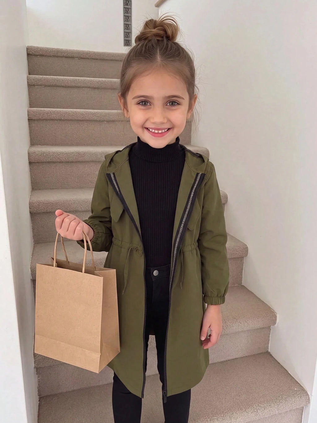Young Girl Letter Tape Pocket Hooded Mid Length Parka