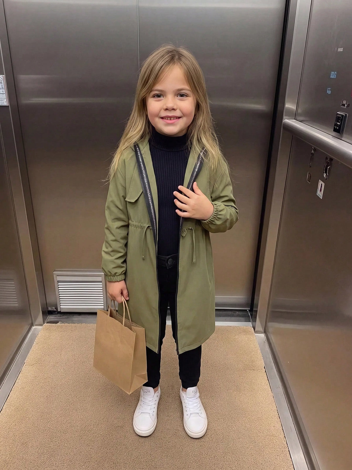 Young Girl Letter Tape Pocket Hooded Mid Length Parka