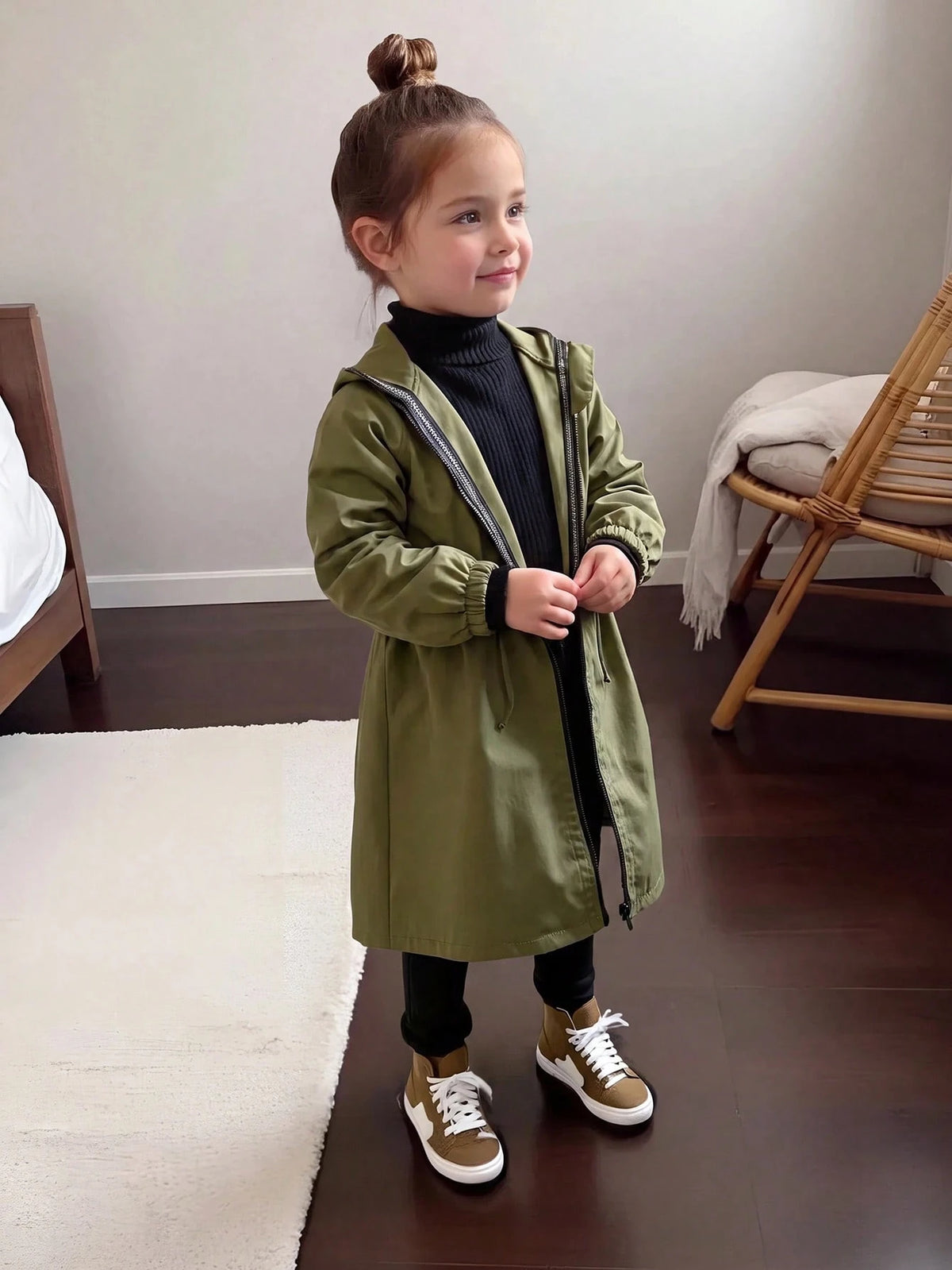 Young Girl Letter Tape Pocket Hooded Mid Length Parka