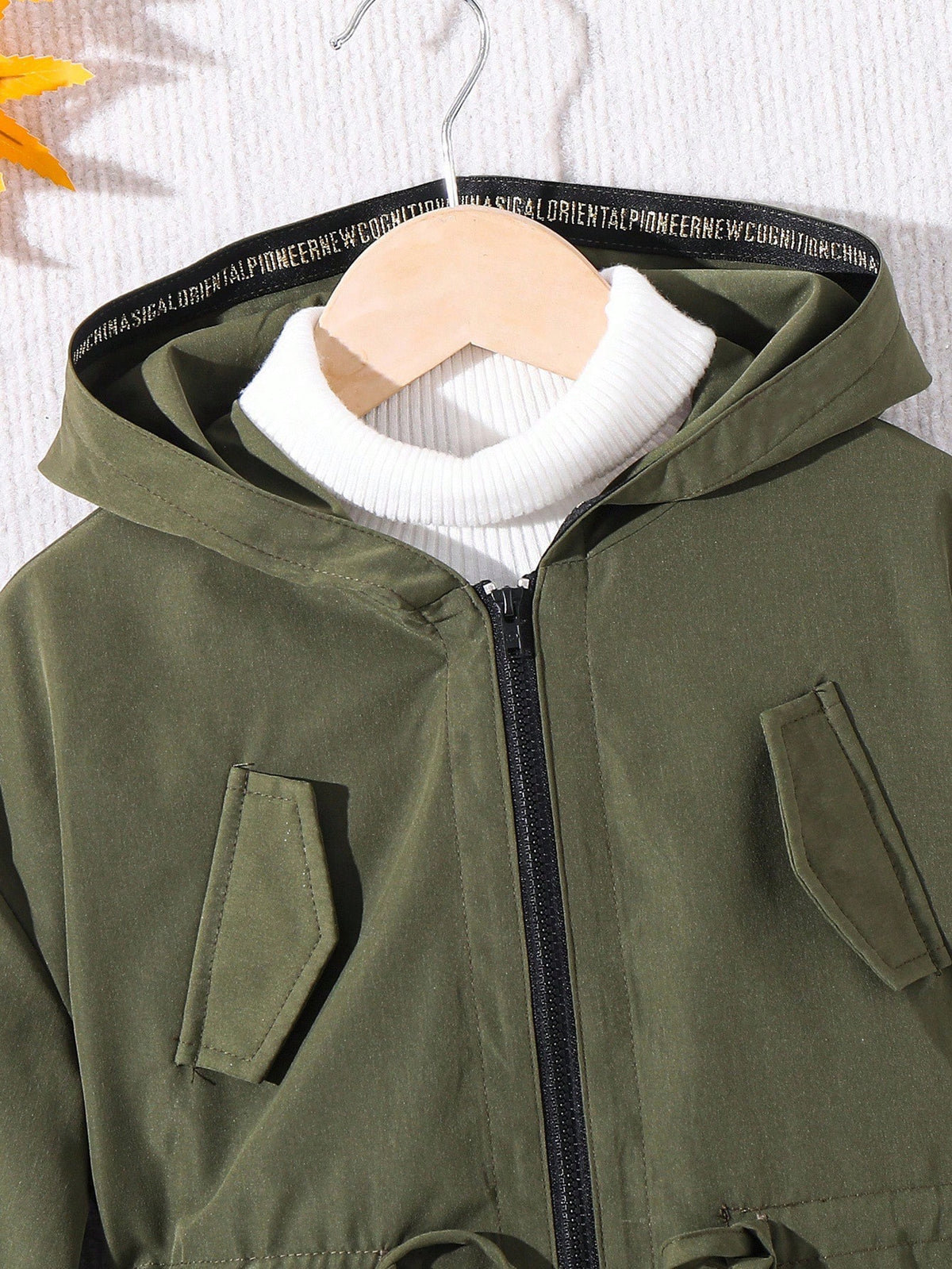 Young Girl Letter Tape Pocket Hooded Mid Length Parka