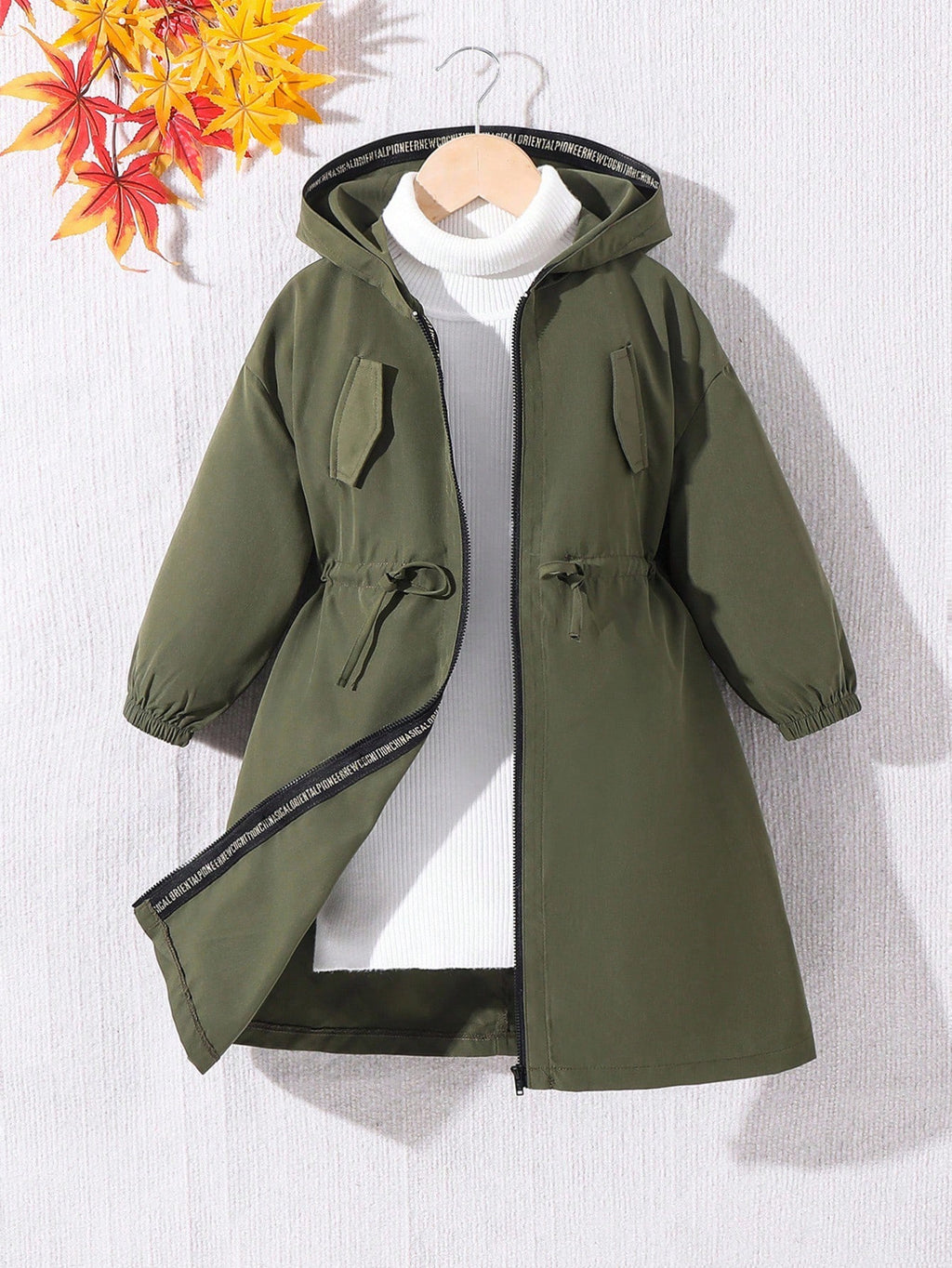 Young Girl Letter Tape Pocket Hooded Mid Length Parka