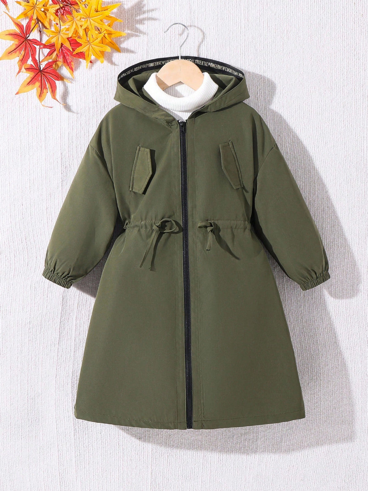 Young Girl Letter Tape Pocket Hooded Mid Length Parka