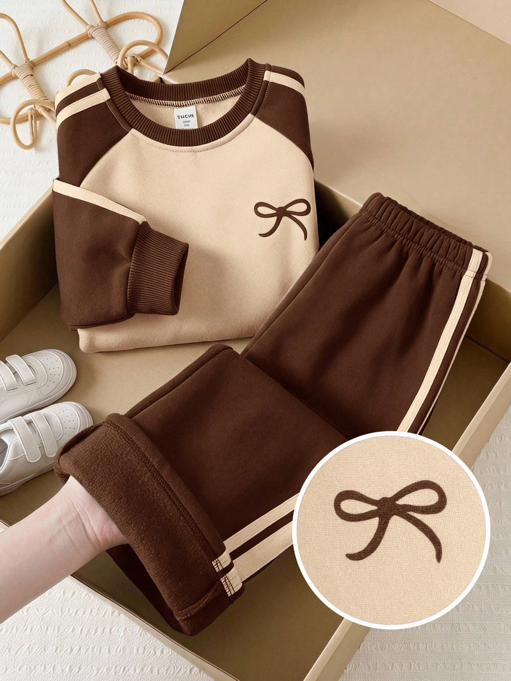 LMoss Kids Young Girl Bow Colorblock Sweatshirt Set - Multicolor