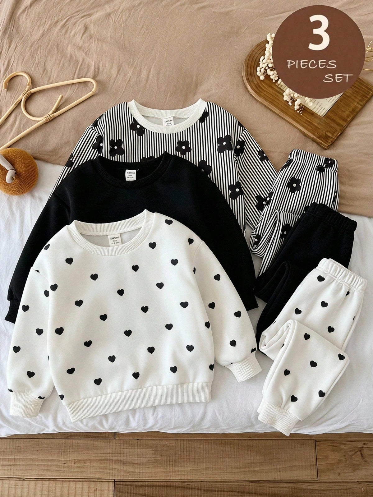 LMoss Kids Baby Girl Fleece Heart Sweatshirt 3pcs Set Multicolor
